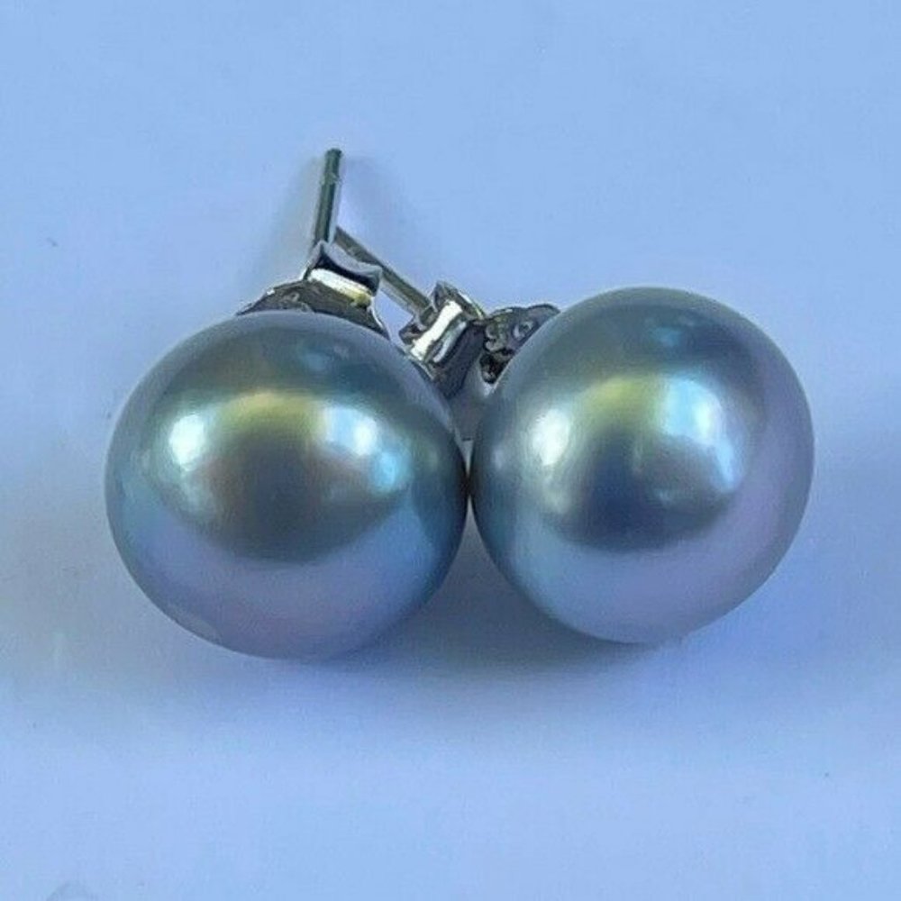 NEW 925 Sterling Silver Real 9 mm Gray Cultured Freshwater Pearl Stud Earrings - Picture 9 of 11